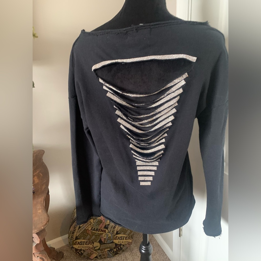 Stylish Black Distressed Rhinestone Bling Sweatshirt